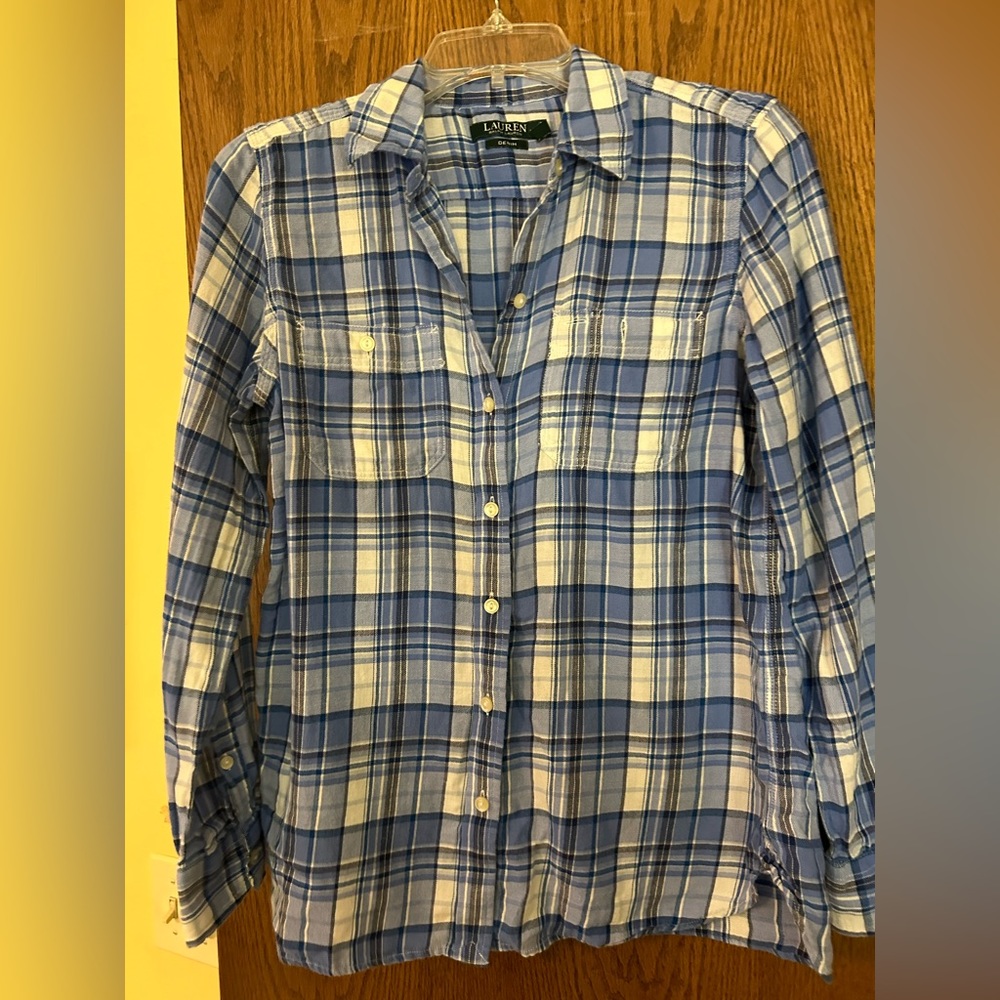Lauren Ralph Lauren Denim blue and white plaid button down shirt small